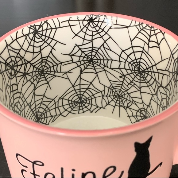 Feline Spooky Black Cat - Pink Halloween Mug with Spider Web Interior - Picture 5 of 13